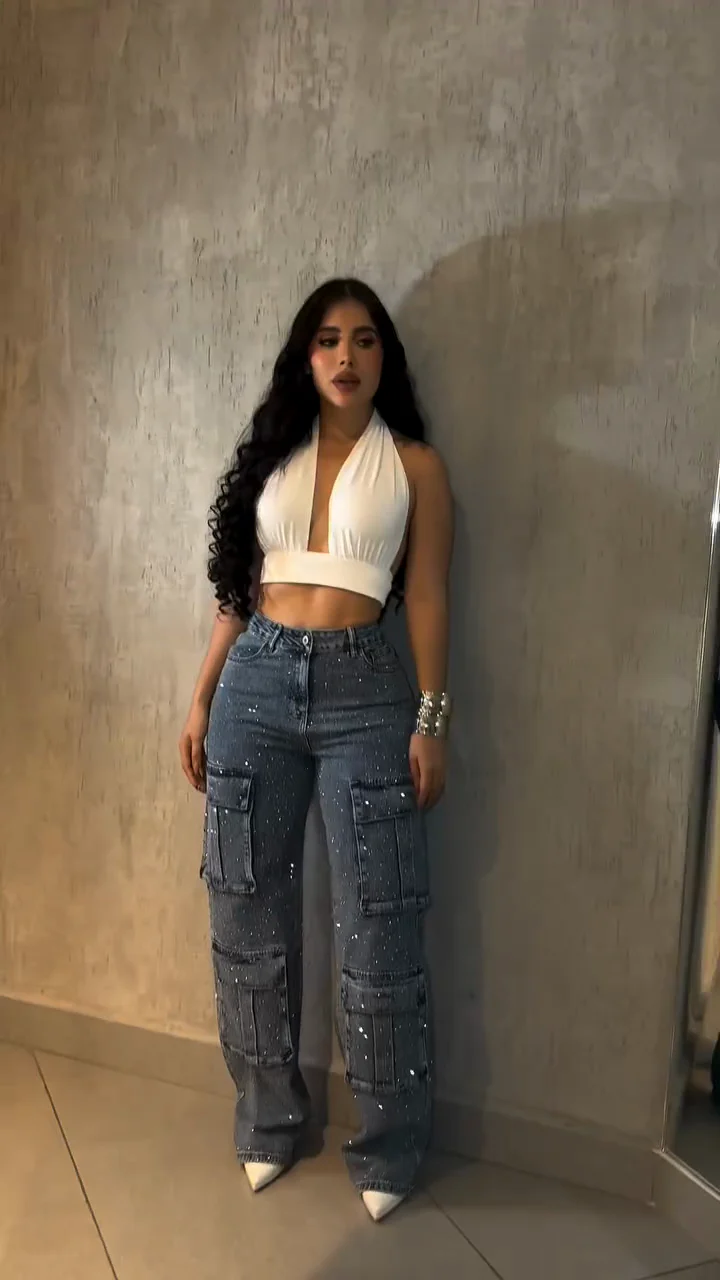 Pantalones Cargo de Mezclilla con Pedrerí
