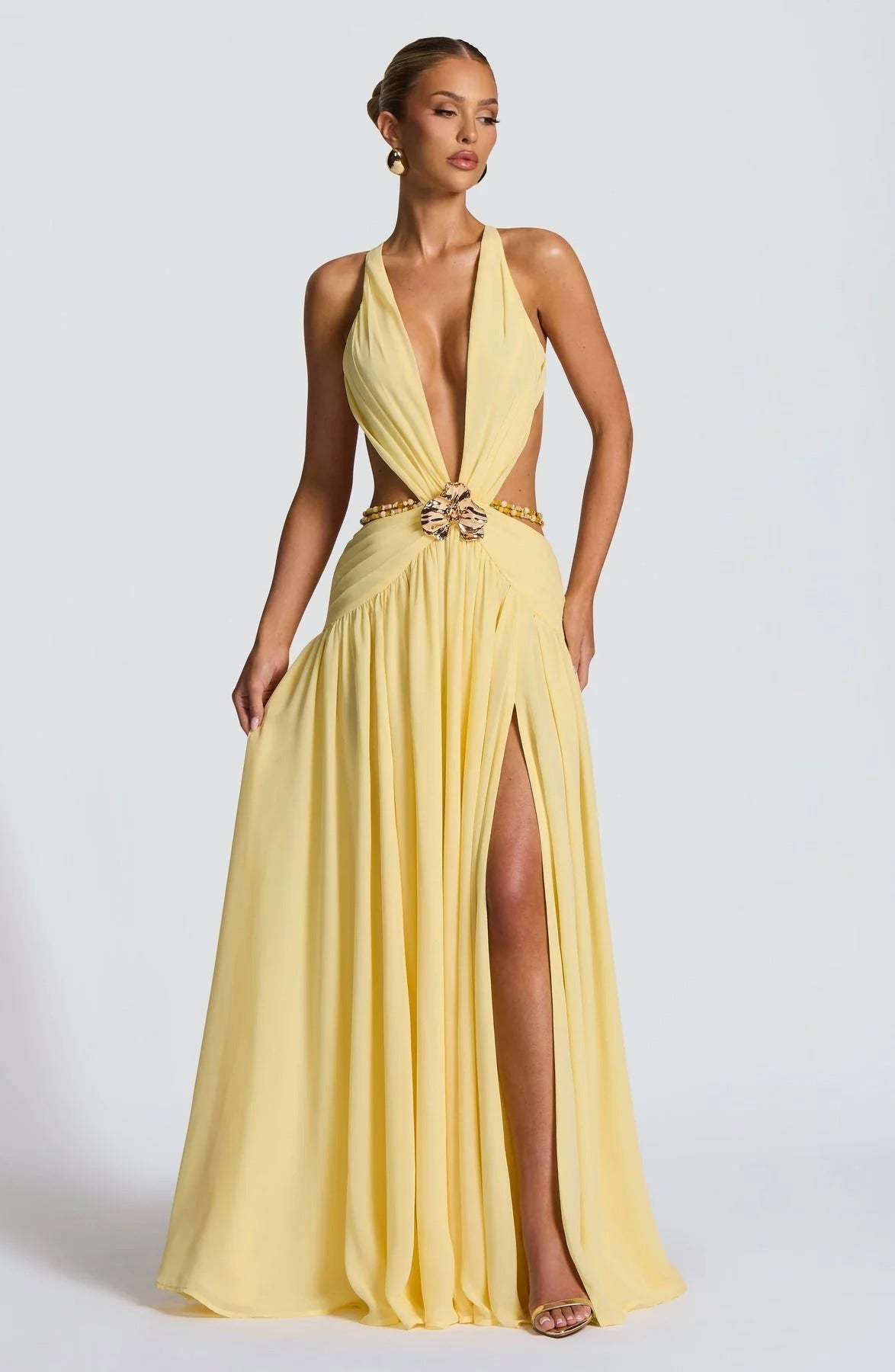 Vestido Largo Amarillo con Escote en V