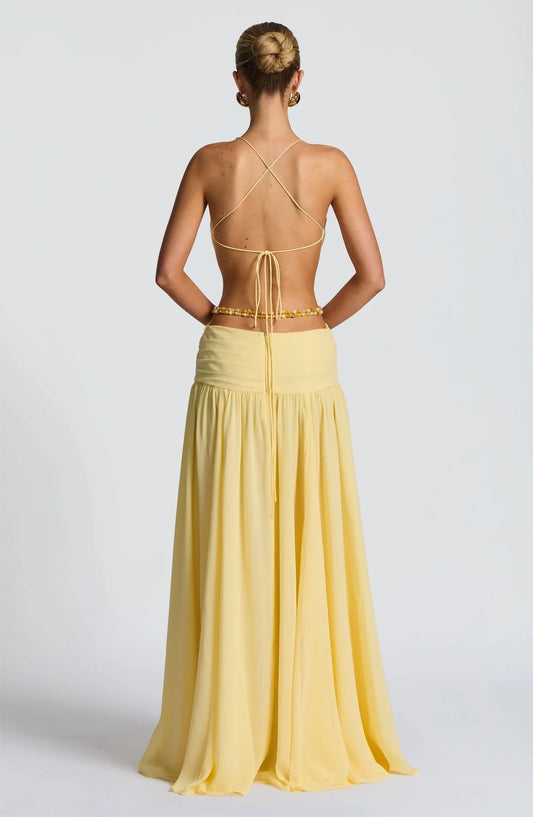 Vestido Largo Amarillo con Escote en V