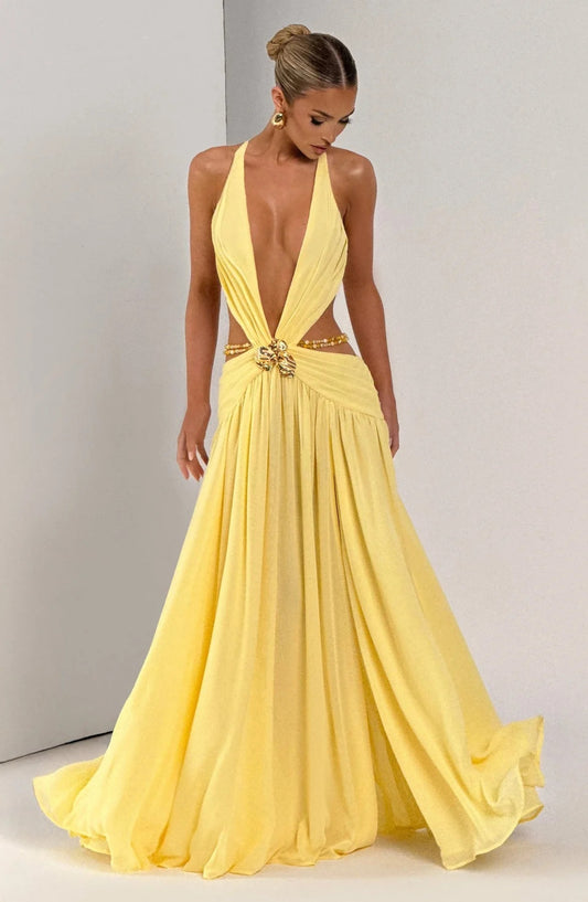 Vestido Largo Amarillo con Escote en V