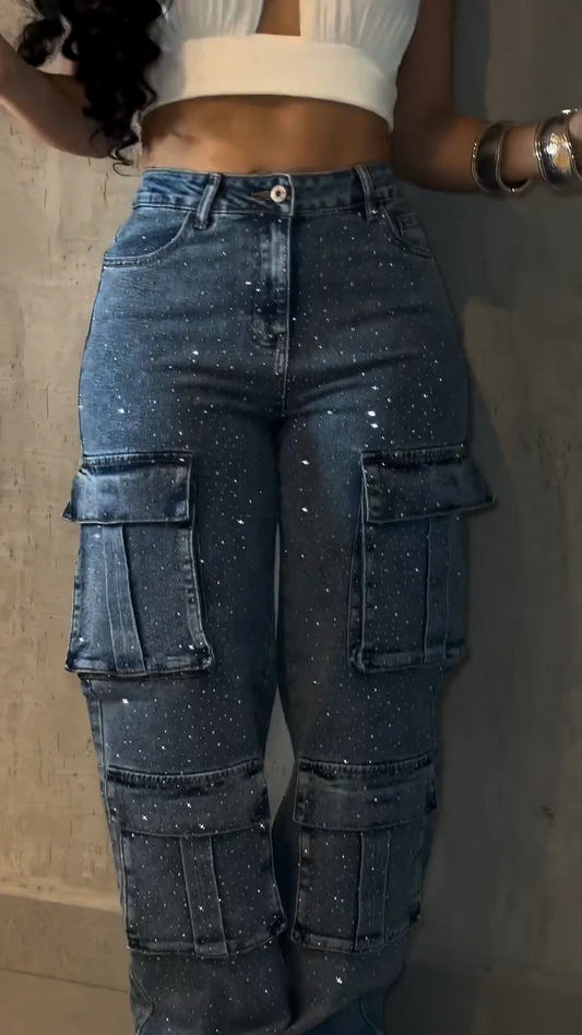 Pantalones Cargo de Mezclilla con Pedrerí