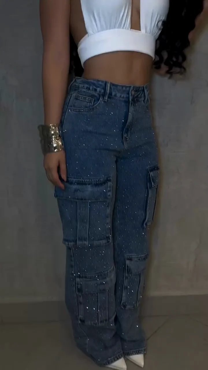 Pantalones Cargo de Mezclilla con Pedrerí