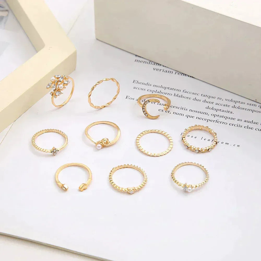 Essenzo Eternal Glow – Pack de 10 Anillos Boho Chic en Plata y Dorado