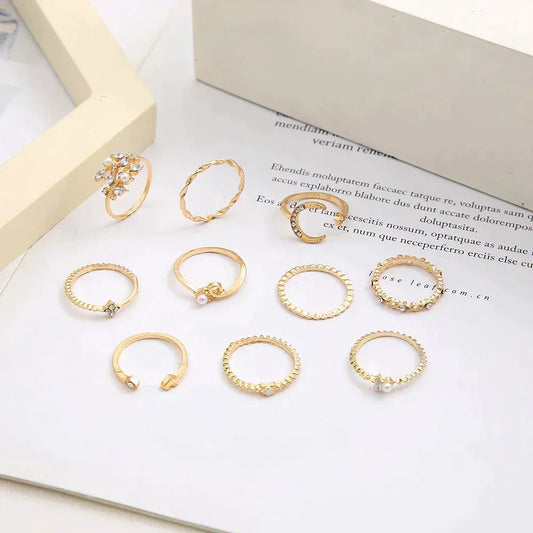 Essenzo Eternal Glow – Pack de 10 Anillos Boho Chic en Plata y Dorado